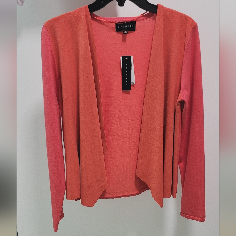 NEW Premise Women’s Coral Color Open Front Faux Suede Back Knit Cardigan Size M